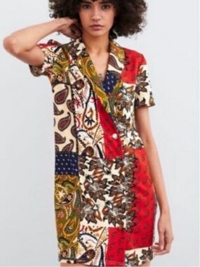 Zara 🆕 Paisley Patchwork Button Blazer Mini Dress 70’s Boho NWOT Sz Small